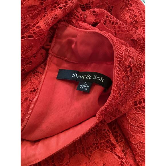 Strut & Bolt floral Lace Lined Mock Neck Short Sleeve flare Mini Dress Red Large - Picture 11 of 11